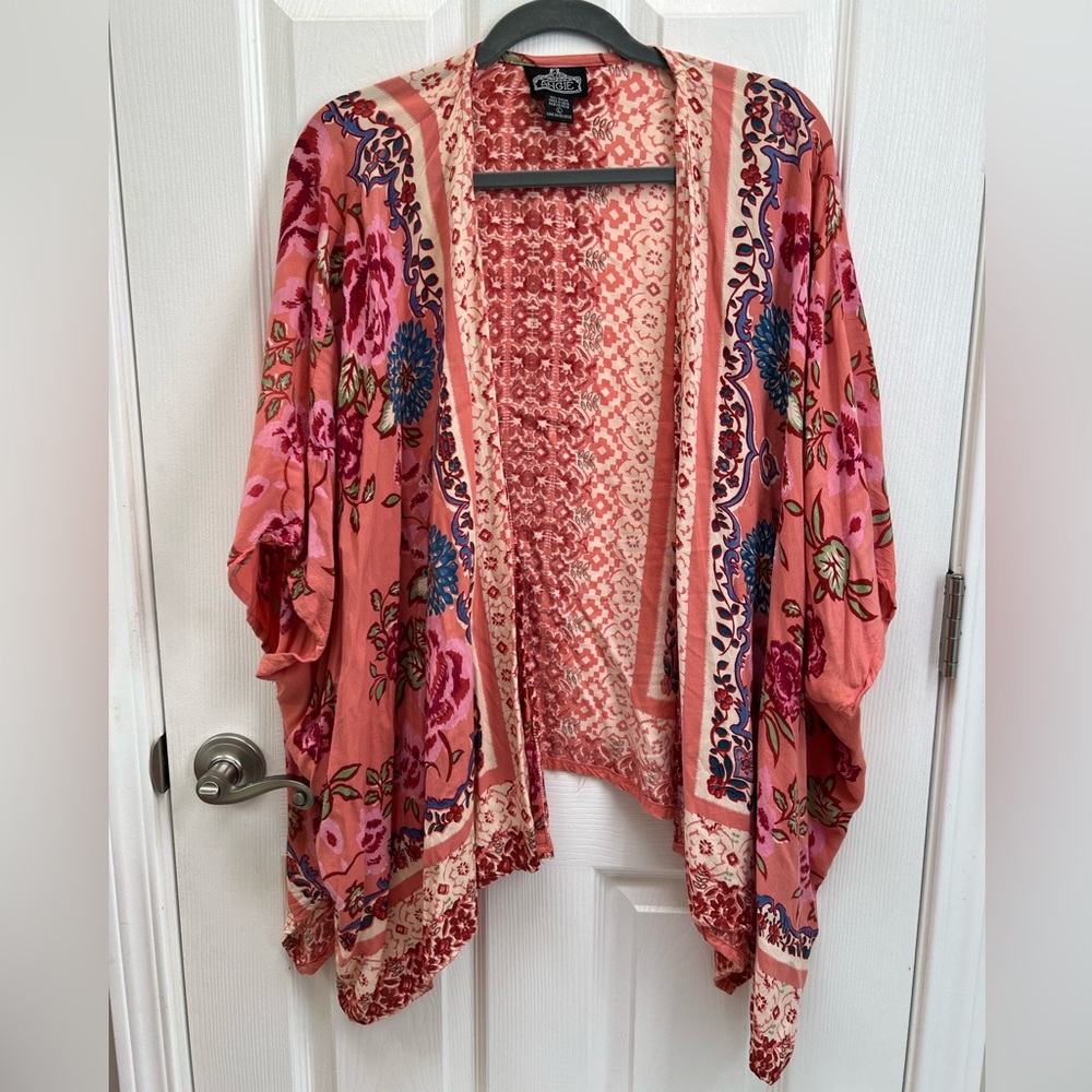 Angie Pink And Red Floral Open Kimono Top Beach Cover-Up Size L-XL